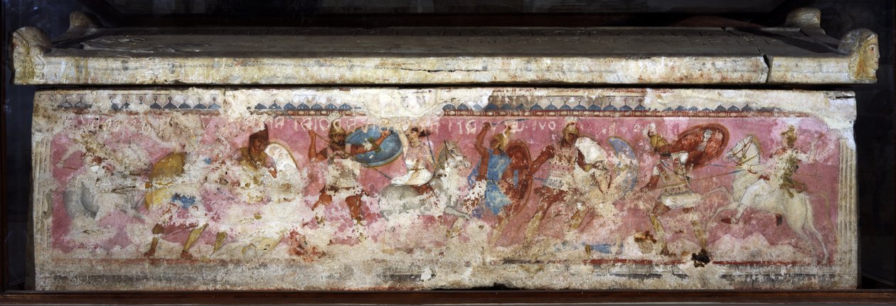 Amazonas sarkofag, dekorerad med scener av strider mellan greker och amasoner, från Tarquinia, 300-talet f.Kr. (alabaster) (se även 36059) av Unbekannt