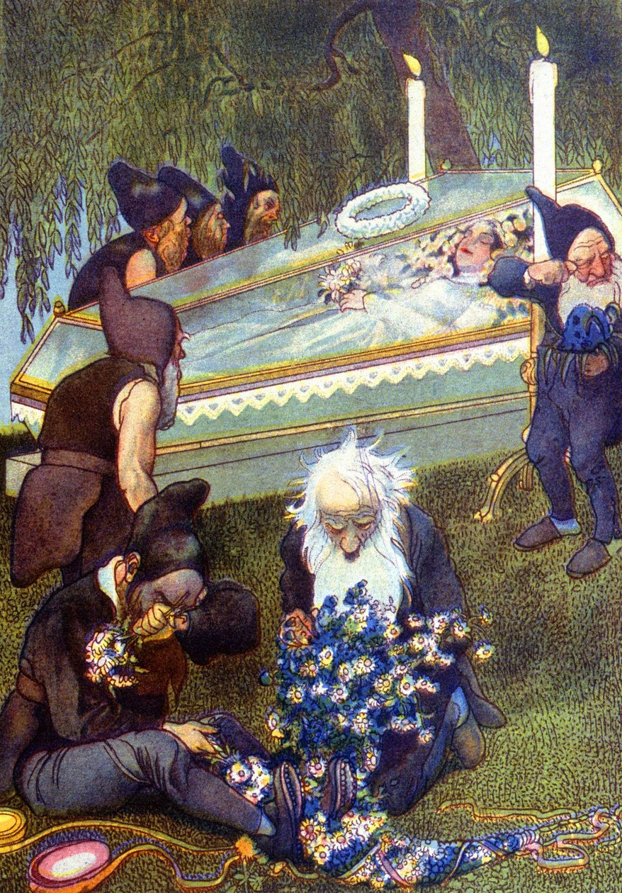 De sju dvärgarna gråter ut Snövit i kistan, sent 1800-tal (illustration) av Unbekannter Künstler