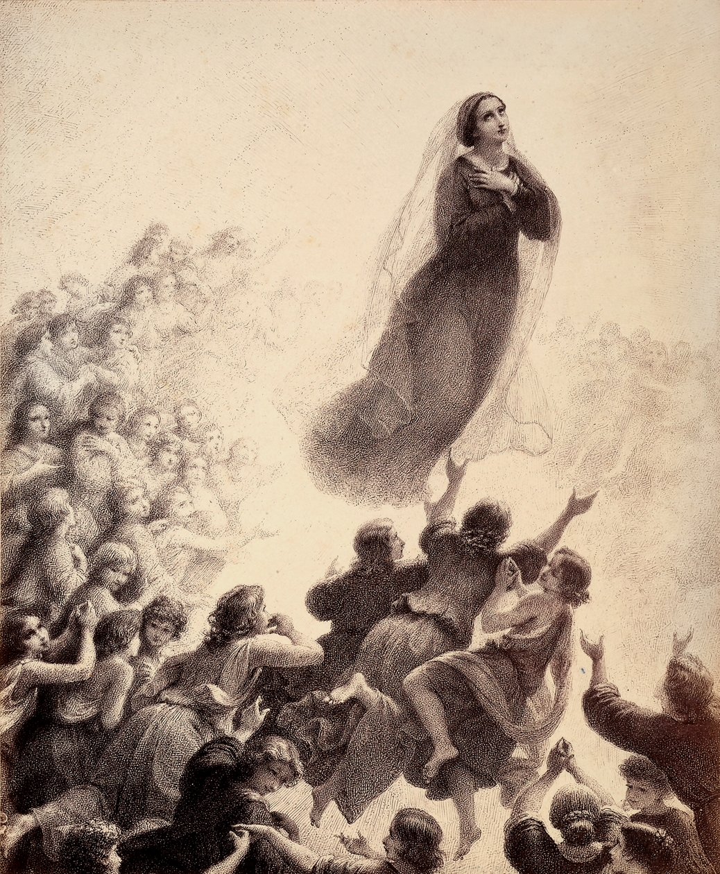 De välsignades andar, med utsträckta armar, följer Marias återkomst till Empyrean med sång. Illustration av Canto XXIII i Paradiso i Den gudomliga komedin av Dante Alighieri. Francesco Scaramuzzas verk tillägnat Florens kommun av Unbekannter Künstler