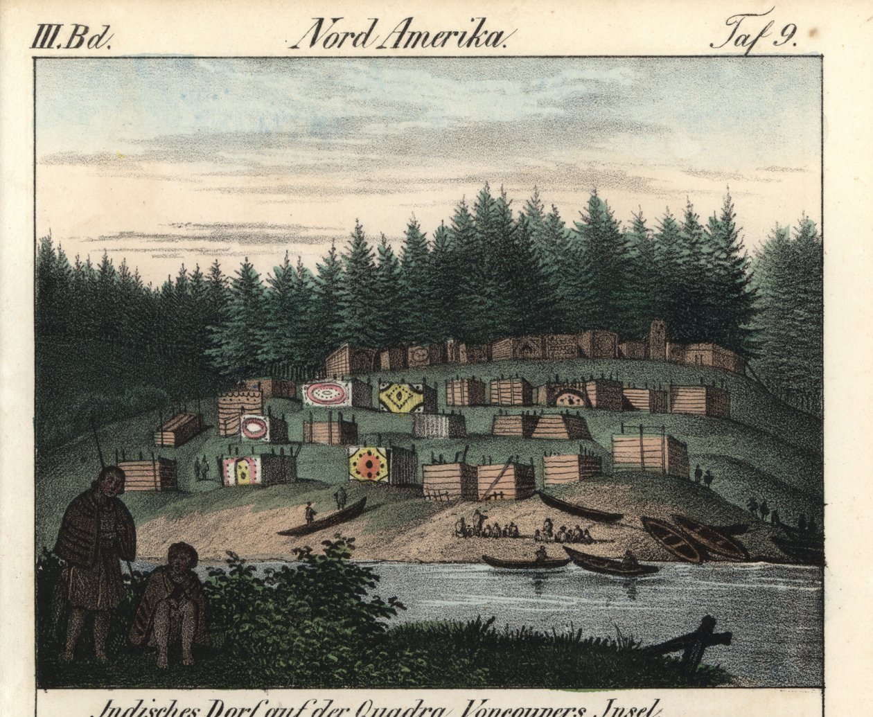 Byn med trähus målade av indianer på Vancouver Island, Kanada. Litografi för boken: "Galerie complete en tableaux fideles des peuples d