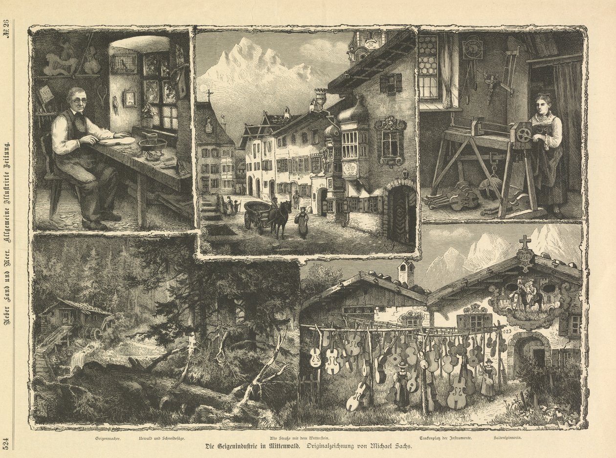 Violinindustrin i Mittenwald, Stuttgart 1882 (gravyr) av Unbekannter Künstler