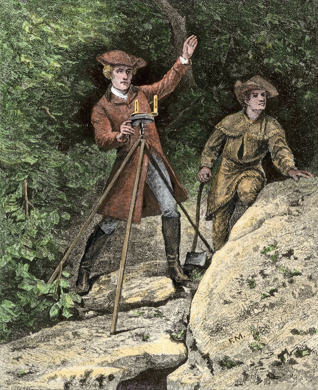 Den unge George Washington (1732-1799) arbetar som geometriker i Virginia. Kolorerad gravyr från 1800-talet. av Unbekannter Künstler