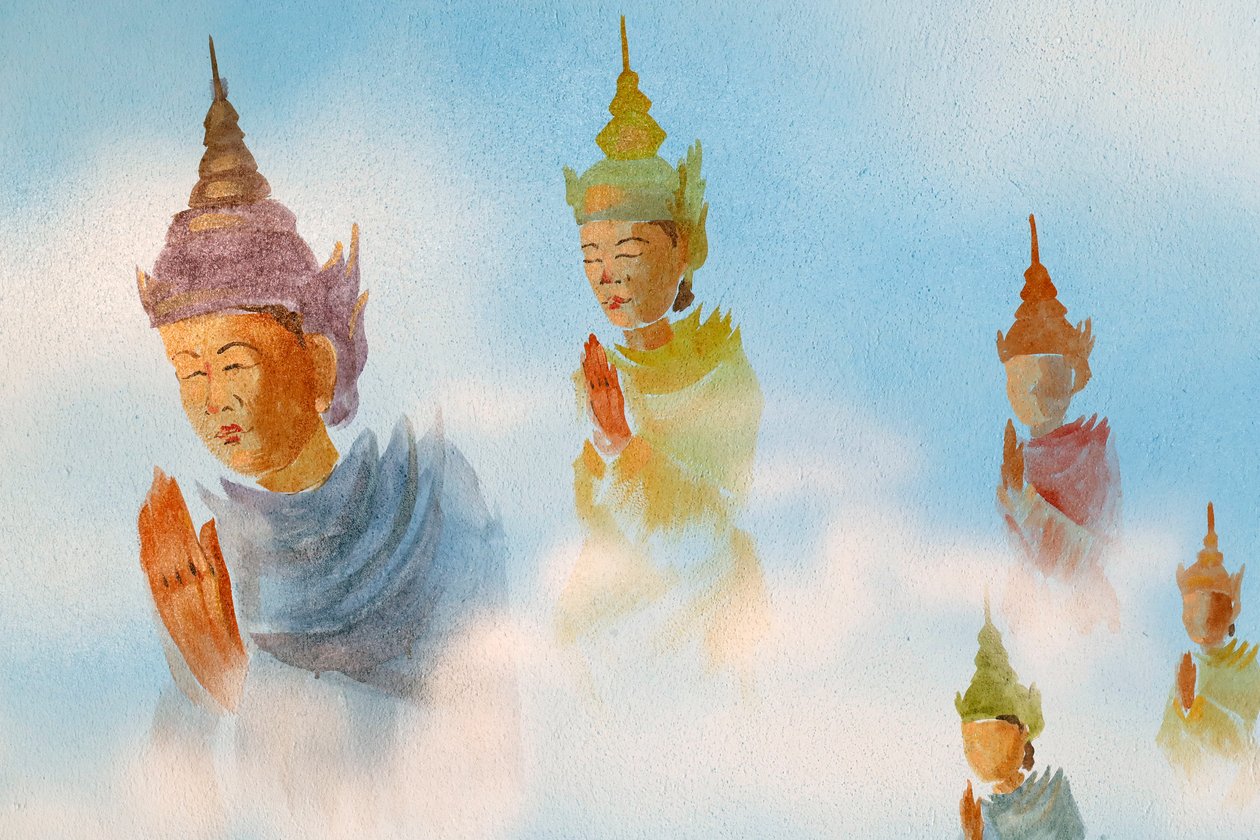 Thien Lam buddhistiska tempel, väggmålning   Tillbedjare.   Hue, Vietnam, 2019 (foto) av Unbekannt