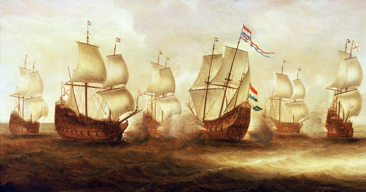 Trettioåriga kriget (1618-1648): Amiral Witte de Withs (1599 -1658) aktion med Dunkerques båtar utanför Nieuwpoort (Holland) 1641 av Unbekannter Künstler