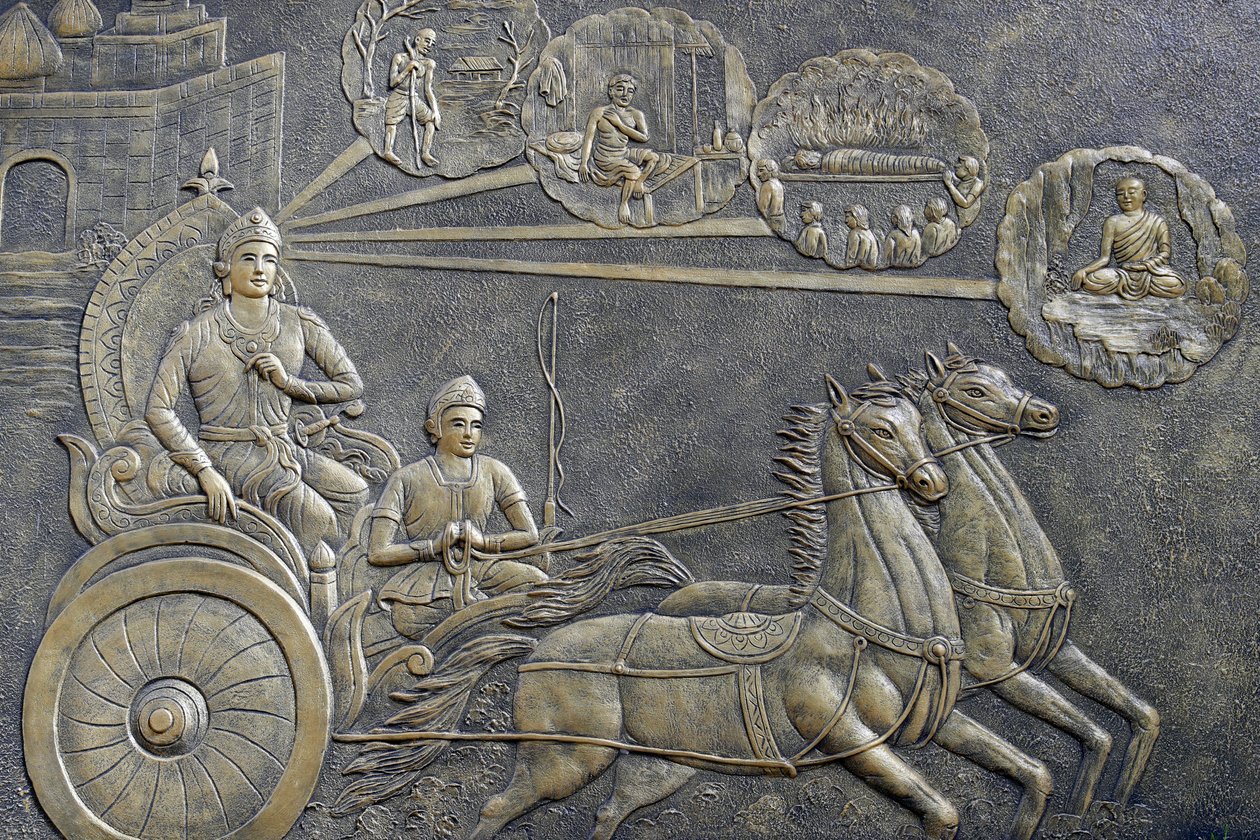 Tinh Xa Ngoc Chau buddhistiska tempel, The Life of the Buddha, Siddhartha Gautama, Prince Siddhartha bad en vagnförare att ta honom på en serie turer genom landsbygden, Chau Doc, Vietnam, 2018 (foto) av Unbekannt