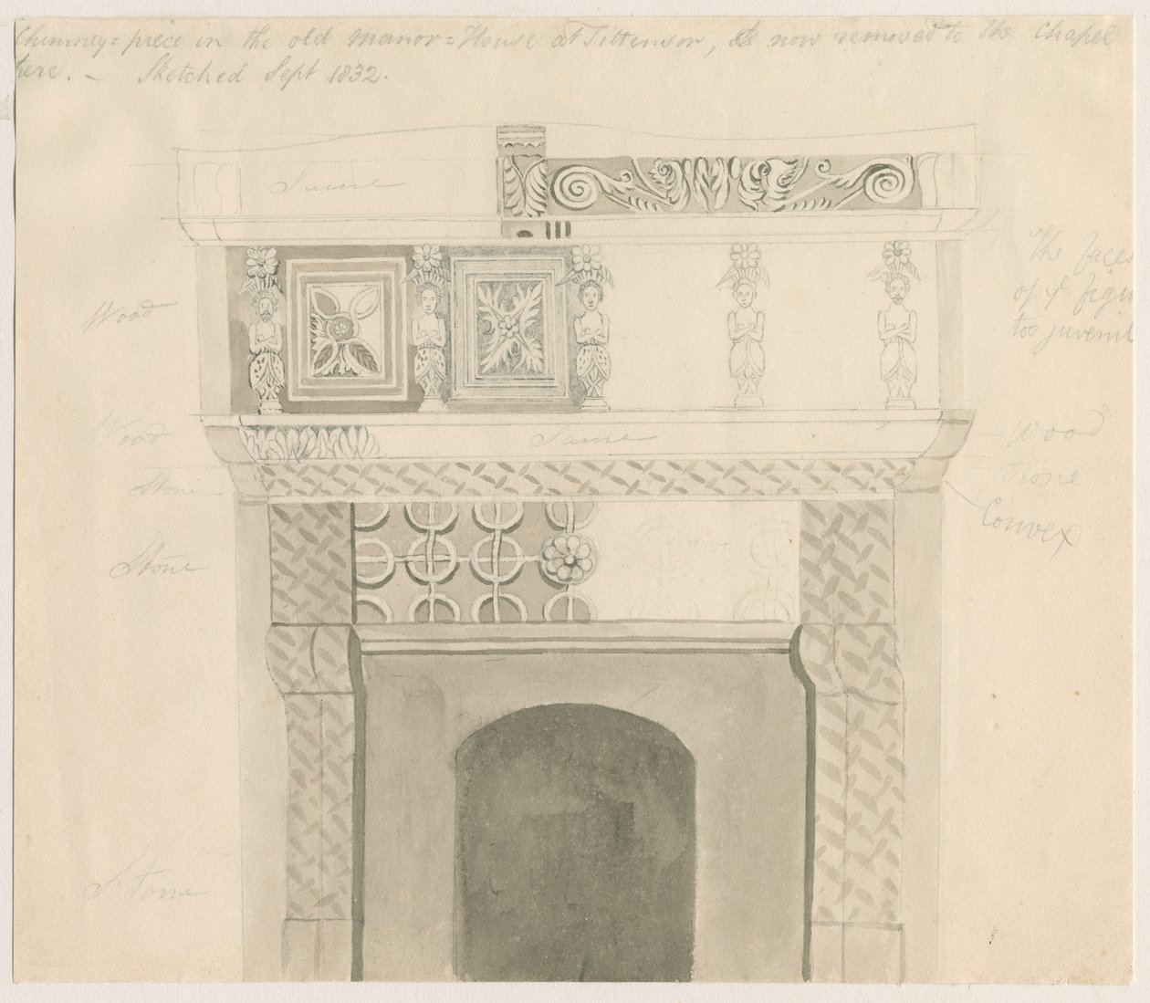 Tittensor - Chimney Piece in Manor House: blyerts- och tvättteckning, sep 1832 av Unbekannt