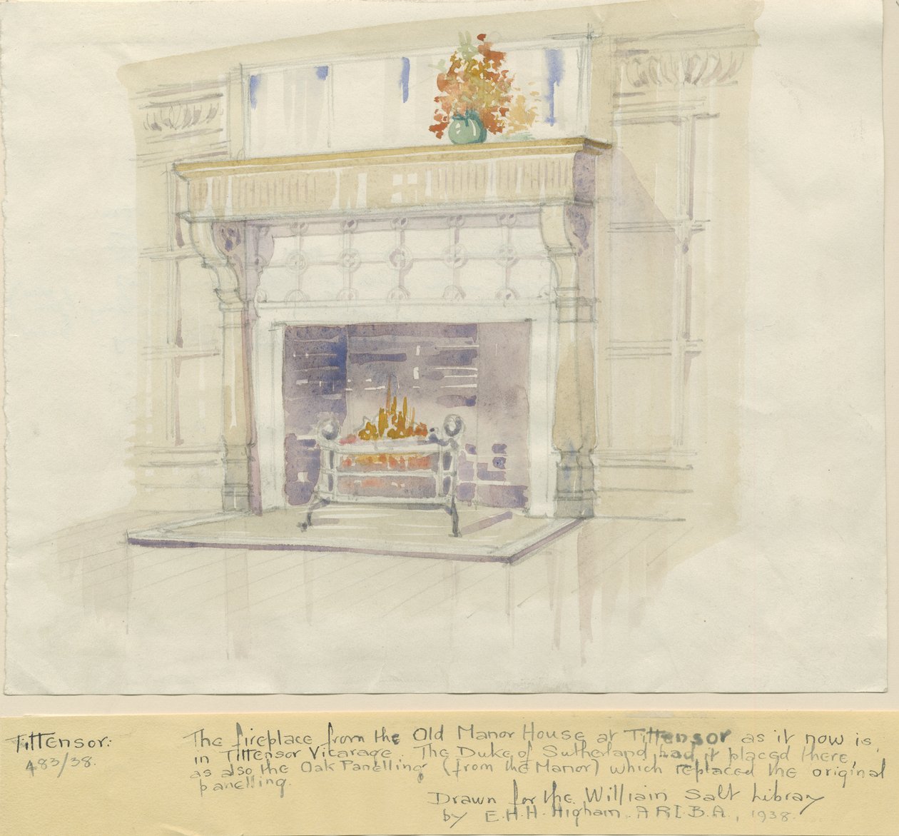 Tittensor - Öppen spis från Manor House: akvarellmålning, 1938 av Unbekannt
