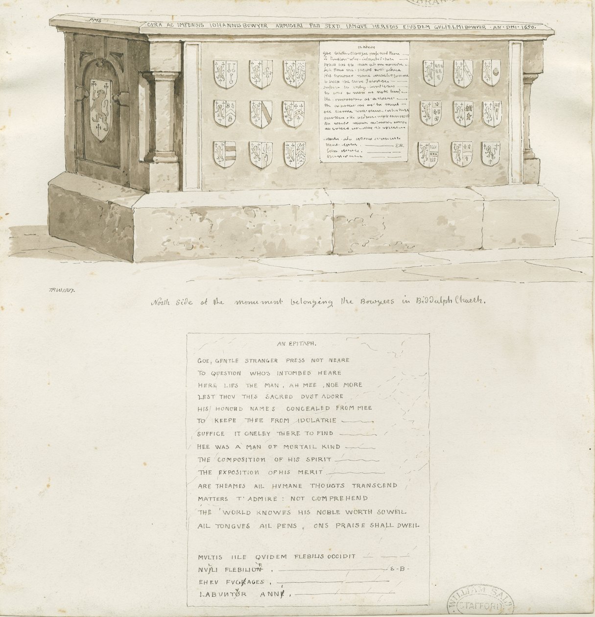 Grav i Biddulph Church - "William Bowyer": sepiateckning, 1837 av Unbekannt