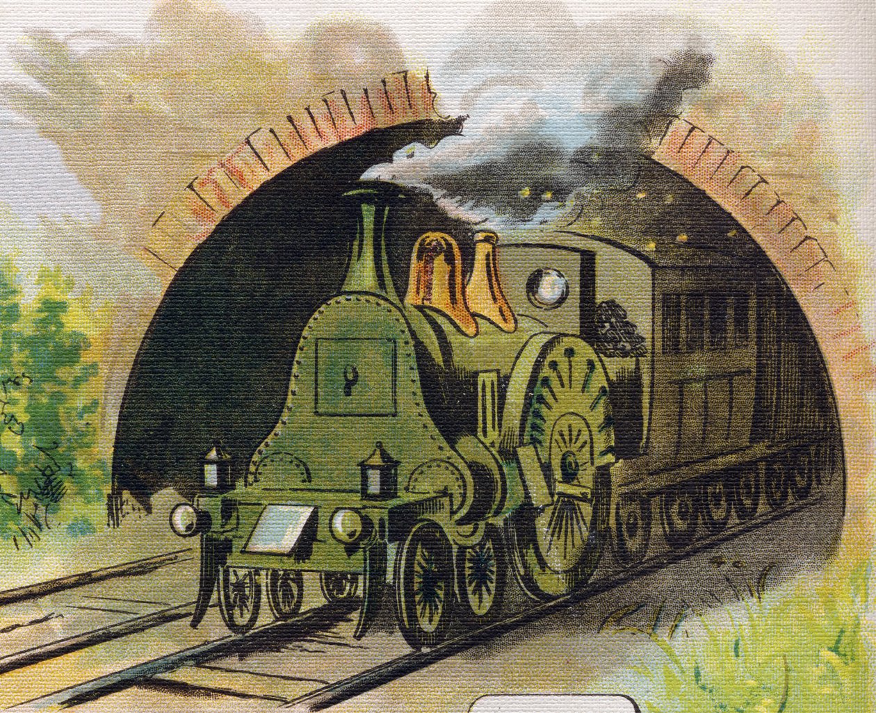 Tåg som lämnar en tunnel. Gravyr i "ABC L