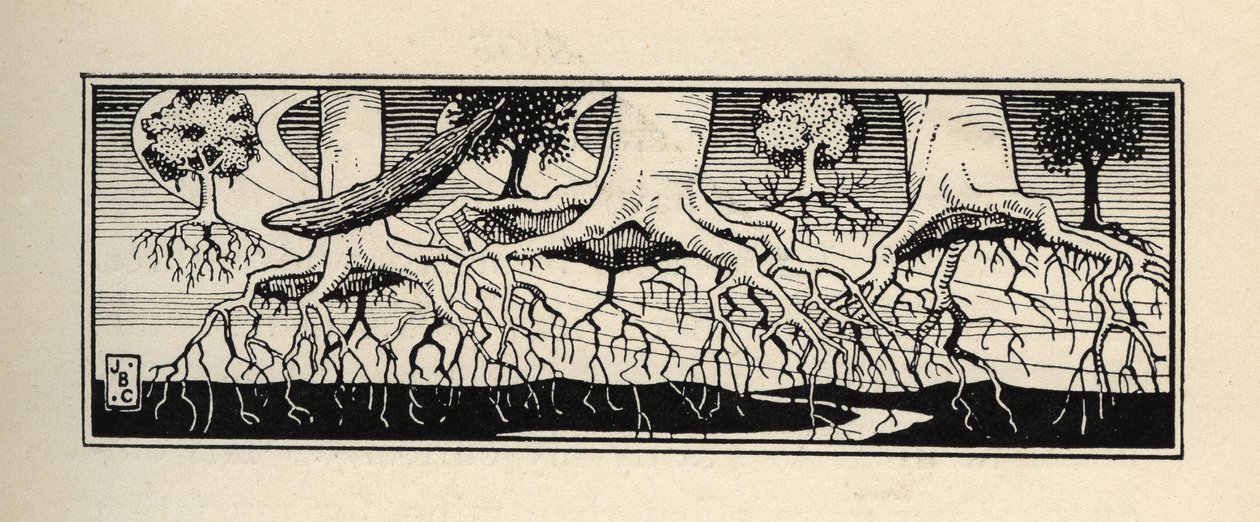 Träd deraciner av en storm planterar om sina rötter till den exakta platsen där de var. Illustration av William Strang (1859-1921) och JB Clark från "The Adventures of the Baron of Munchausen (Munchhausen) av Rudolf Erich Raspe (1736-1794) (1789) av Unbekannt