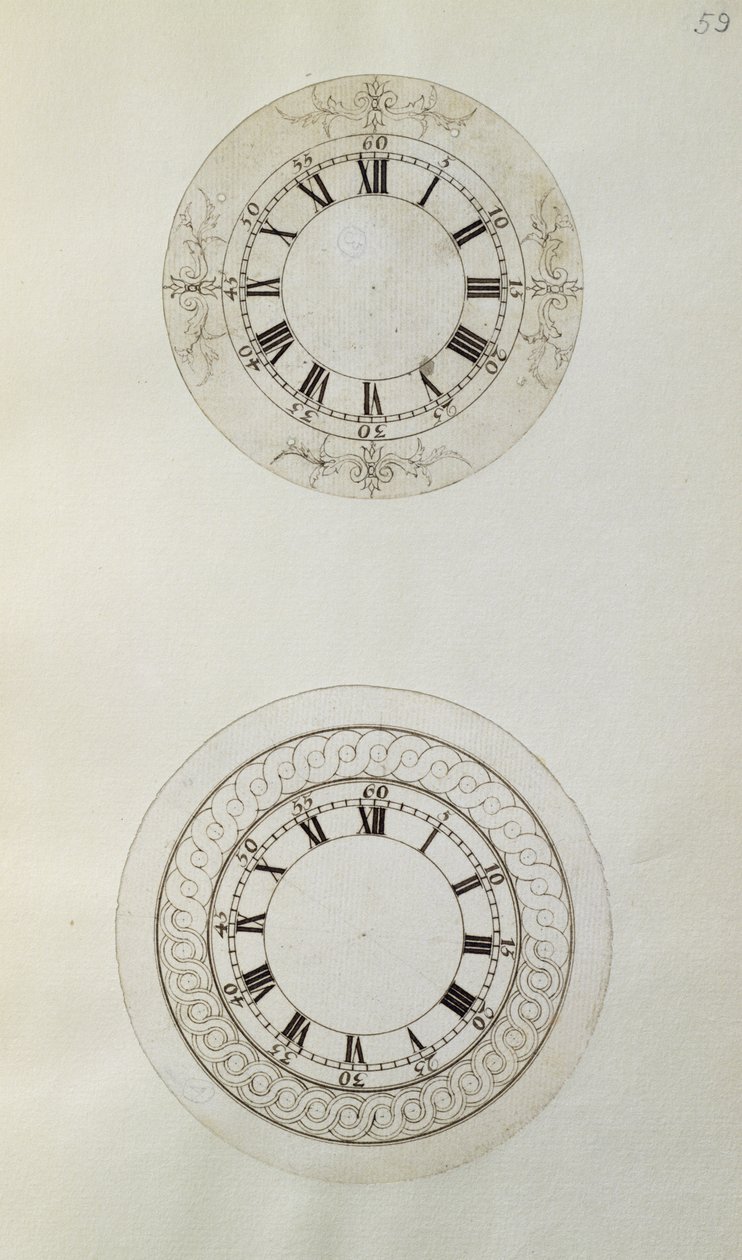 Två mönster för stora emaljerade urtavlor, från mekaniska anteckningar och ritningar sammanställda av John Harrison (1693-1776) och hans son William (ca 1726-72) (penna och bläck på papper) av Unbekannt