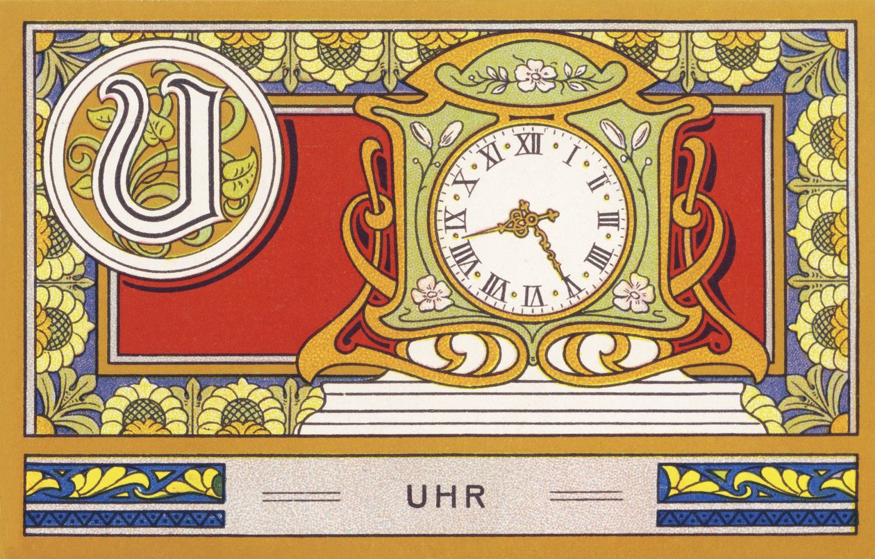 U: Klocka - Alfabetet Palmine. Serie av kromolitografier redigerade av H. Schlinck & Cie, Hamburg, sid. d. . Annons för Palmins finaste kokosfett. Mått: 7 x 11 cm av Unbekannter Künstler