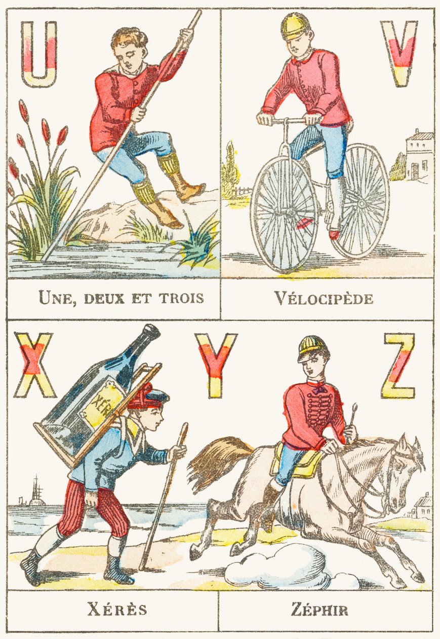 UVXYZ; U: Ett, två och tre; V: Velocipede; X: sherry; Z: Zephir - Spelalfabetet, ca 1890 (gravyr) av Unbekannt