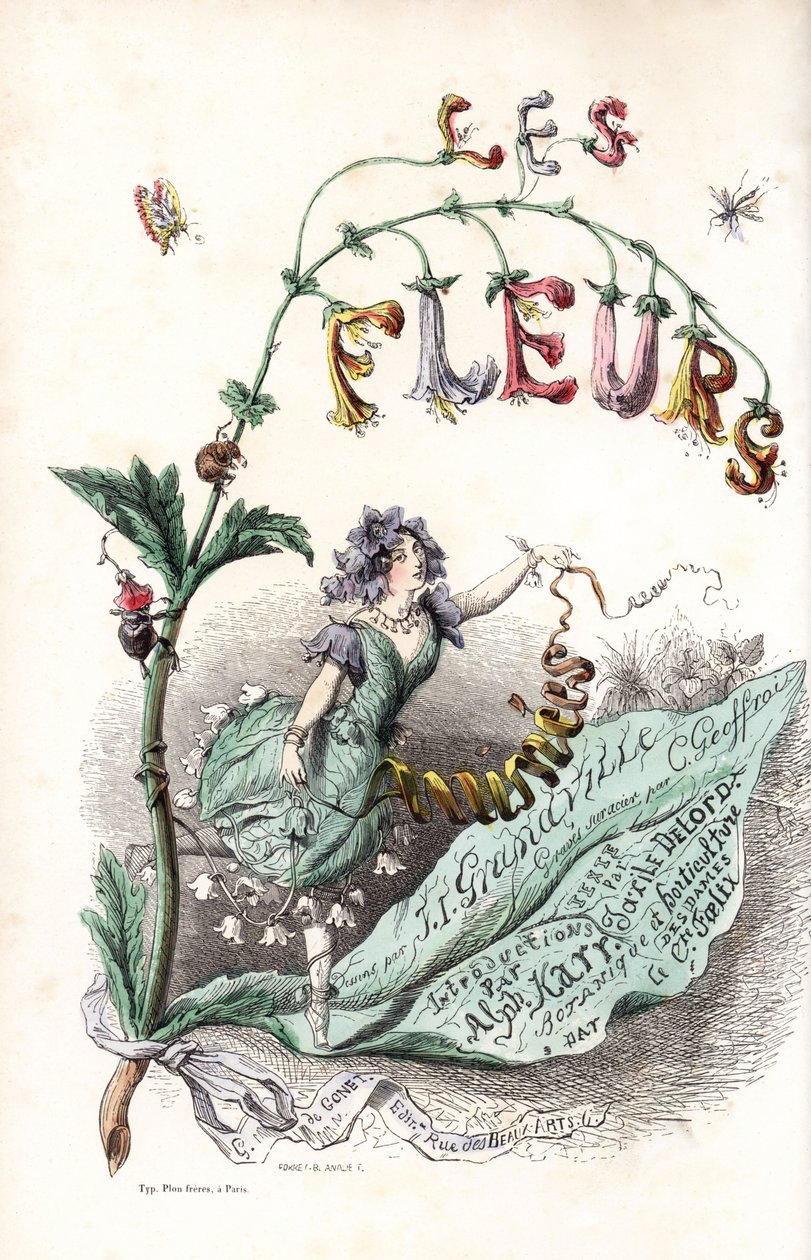 Une fee des fleurs setient sur une feuille et holds un ruban (titelsidan) - Etsning av Charles Geoffroy (1819-1882), efter en illustration av Jean Ignace Isidore Gerard dit J.J.J.Granville (1803-1847), för Les fleurs animees av Unbekannter Künstler