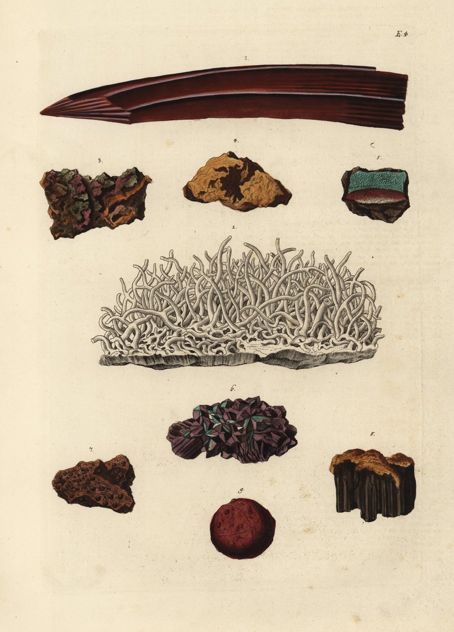Olika sorters järnmalm. Handkolorerat kopparstick av efter en illustration av från Georg Wolfgang Knorr
