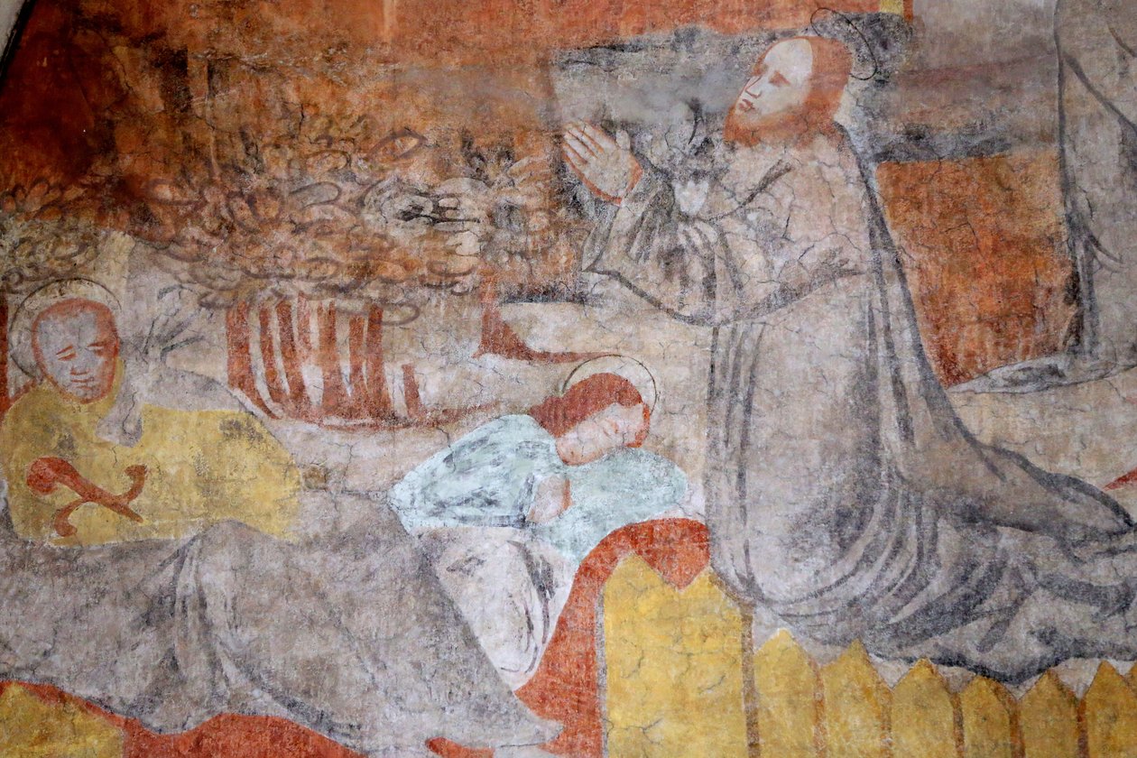 Vault de Lugny kyrka. 1500-tals väggmålning. Kristus i sin passion. Getsemane, ber Jesus, under tiden vilar lärjungarna. Frankrike Â av Unbekannt