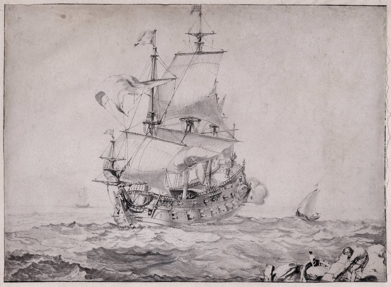 Fartyg till sjöss som avfyrar kanonen - teckning av Pierre Puget (1620-1694) 1600-tal Sol 23x32,5 cm Musee Grobet Labadie Marseille av Unbekannter Künstler
