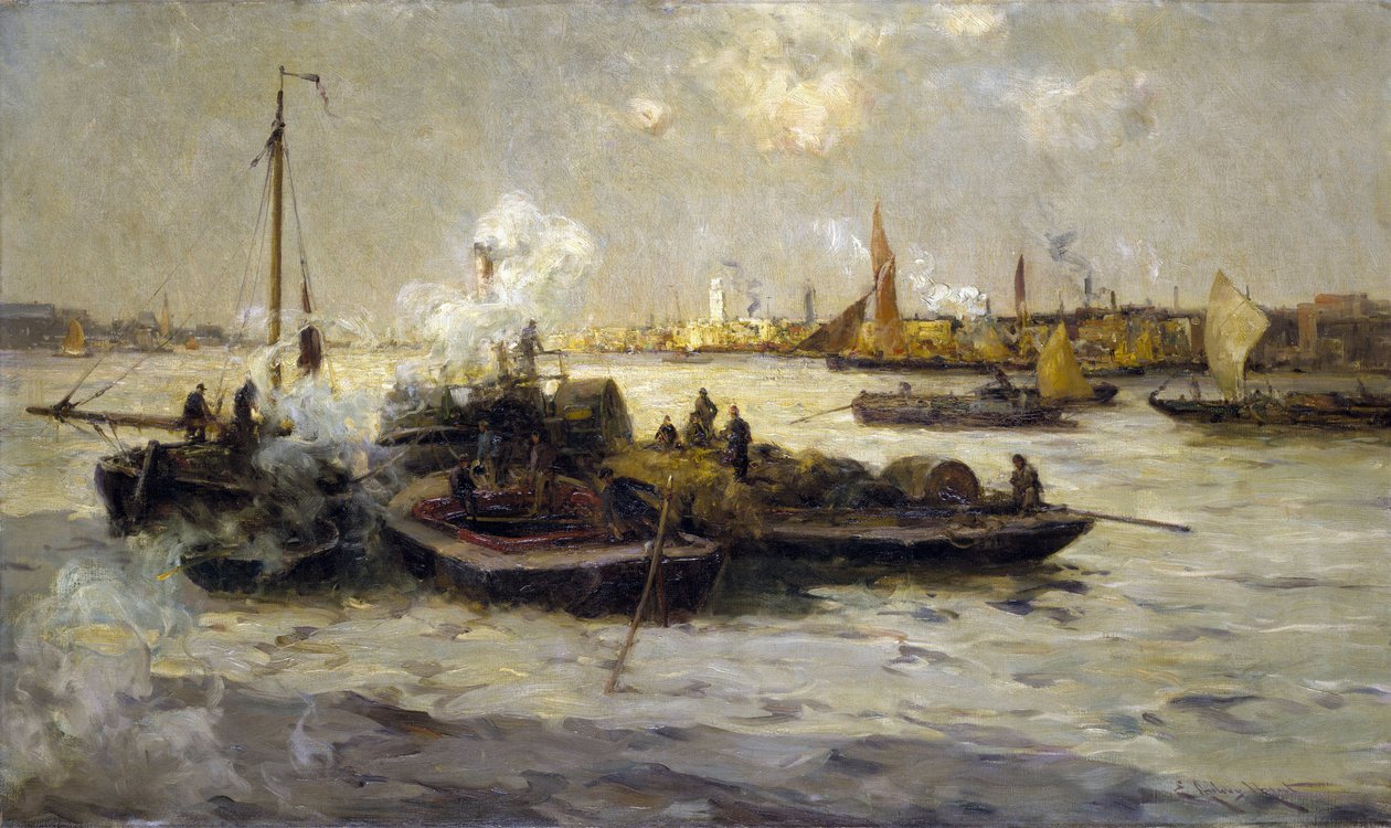 Vy över Limehouse, England, med en beskrivning av industrialiseringen av Themsen i slutet av den viktorianska eran (slutet av 1800-talet) och av bogserbåtar, skärare och pråmar, i bakgrunden det vita tornet Saint George av Unbekannter Künstler