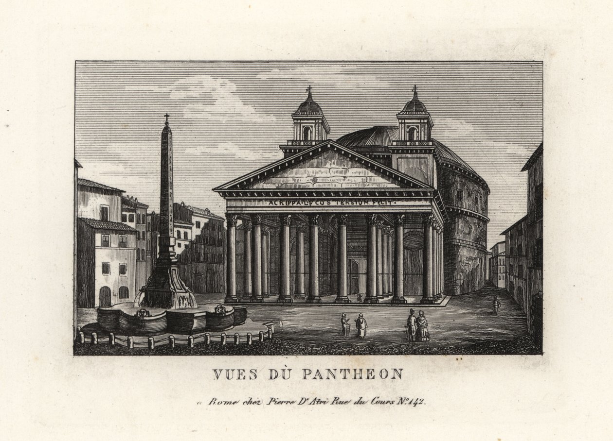 Utsikt över Pantheon med fontän, Fontana del Pantheon och Macuteo-obelisken på Piazza della Rotonda, Rom av Unbekannt