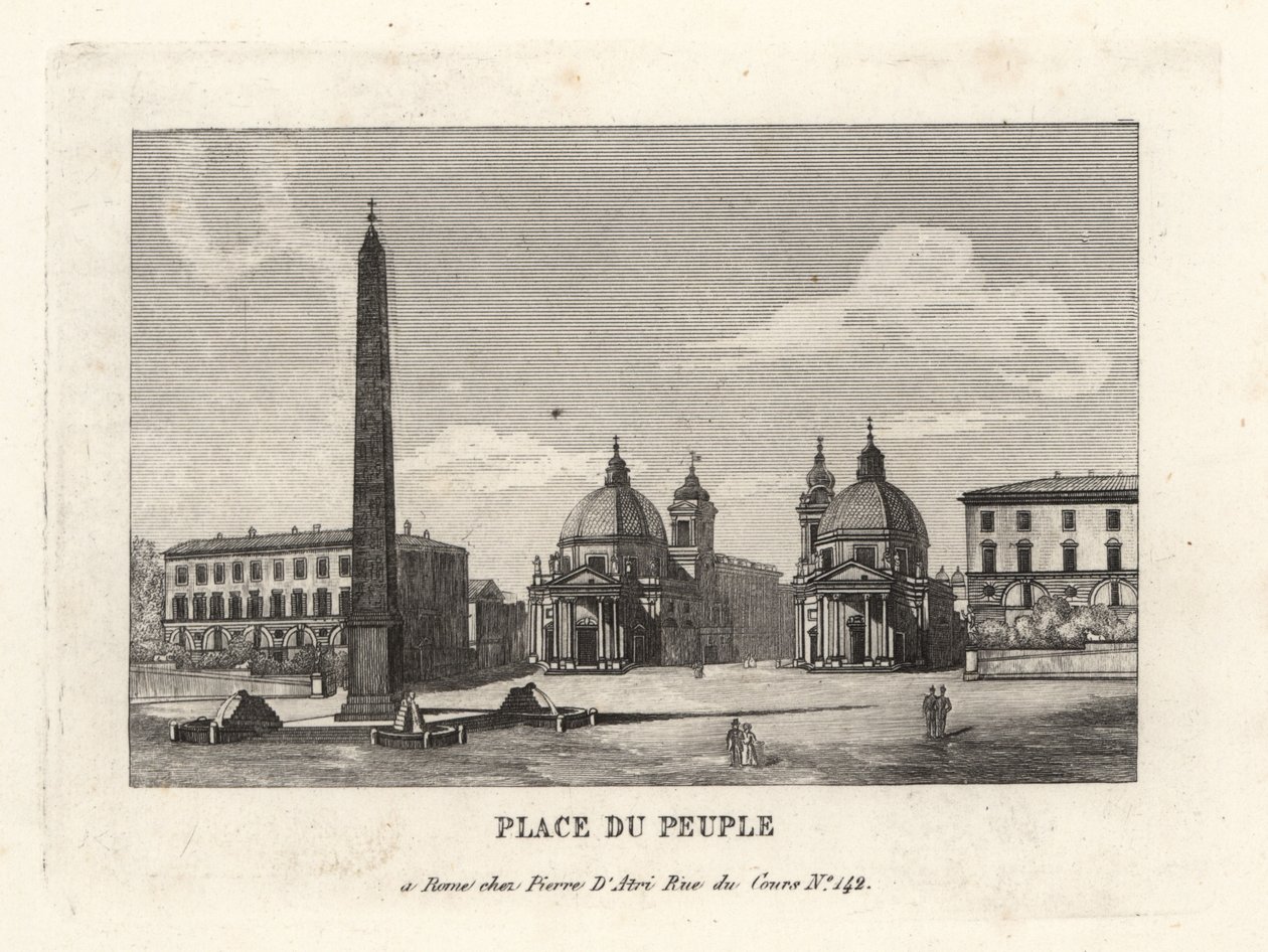 Utsikt över Piazza del Popolo, Place du Peuple, med en egyptisk obelisk av Rameses II från Heliopolis, Rom av Unbekannt