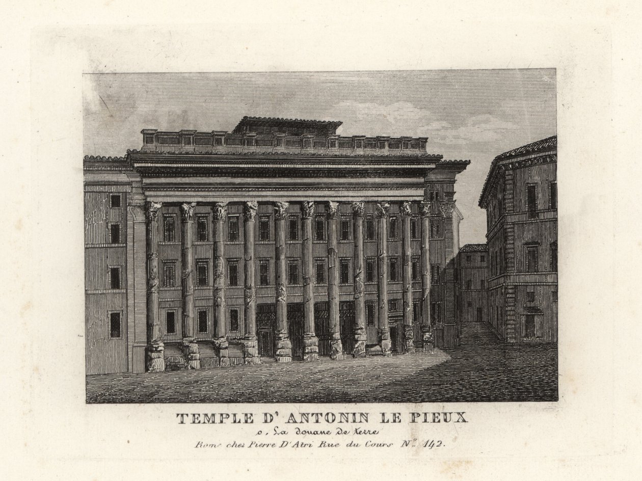 Utsikt över Hadrianus tempel, Templum Divus Hadrianus, med 11 kolonner dedikerade av hans adoptivson Antoninus Pius, Temple d