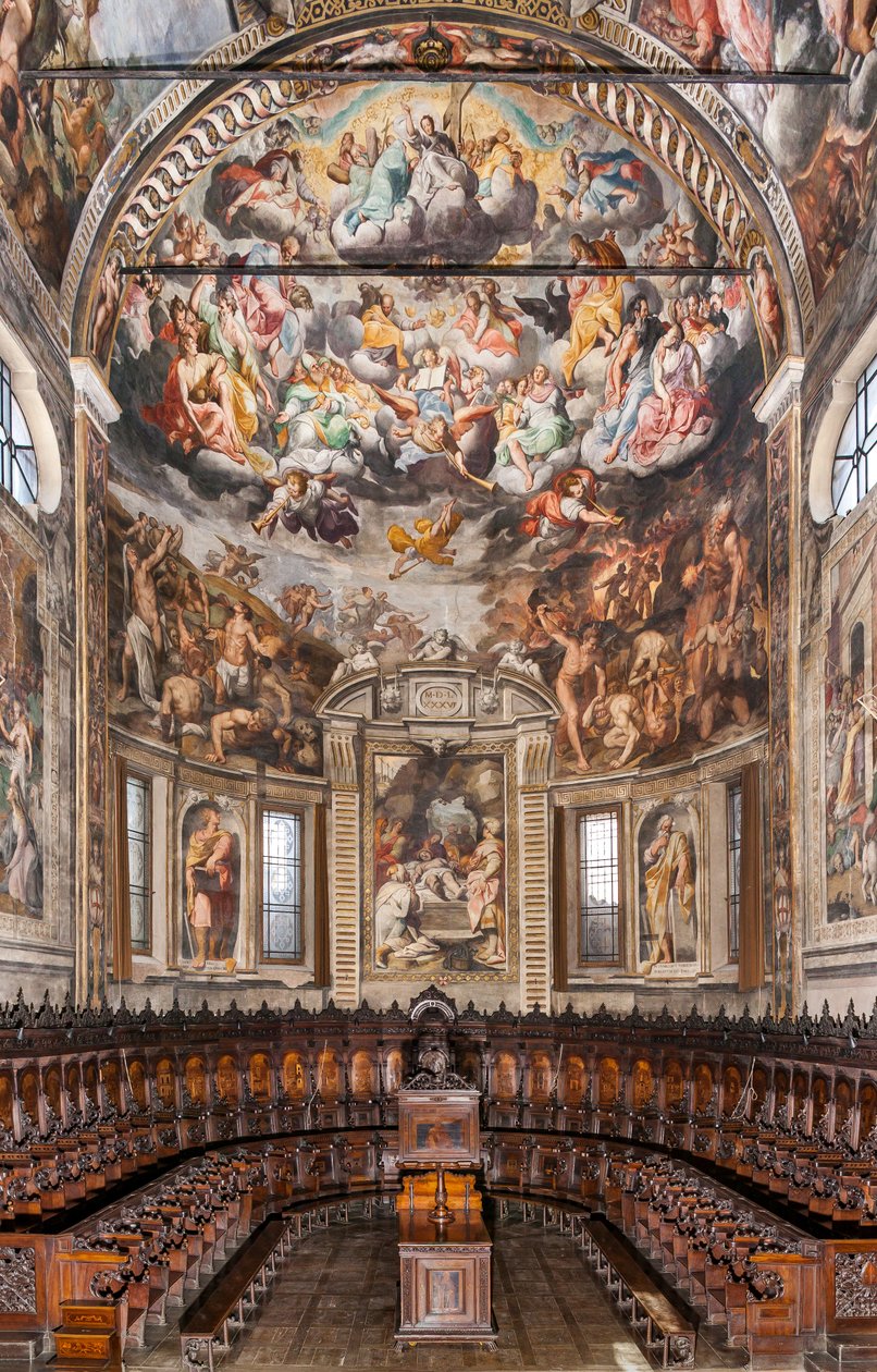 Utsikt över absiden med fresker av Camillo Procaccini och träkör av Cristoforo och Giuseppe De Venetiis, Basilica of San Prospero, Reggio Emilia, Emilia Romagna, Italien (foto) av Unbekannter Künstler