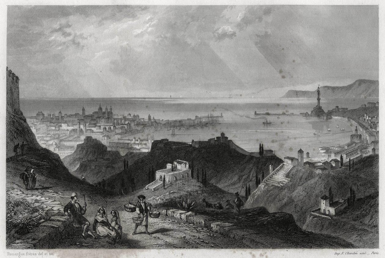Utsikt över staden och hamnen i Genes, eclatante-citaten, marmorstaden, Genes-la-Superb, i boken om Medelhavet av Louis Enault (1824-1900), en fransk journalist och resenär. av Unbekannt