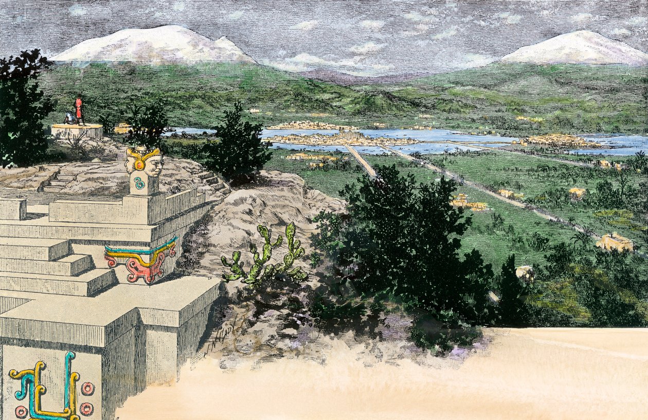 Vy över staden Tenochtitlan (eller Mexico Tenochtitlan), som den såg ut på ön i Texocosjön, när den var huvudstad i Aztekerriket, före 1521 - Färglagd gravyr av Unbekannter Künstler