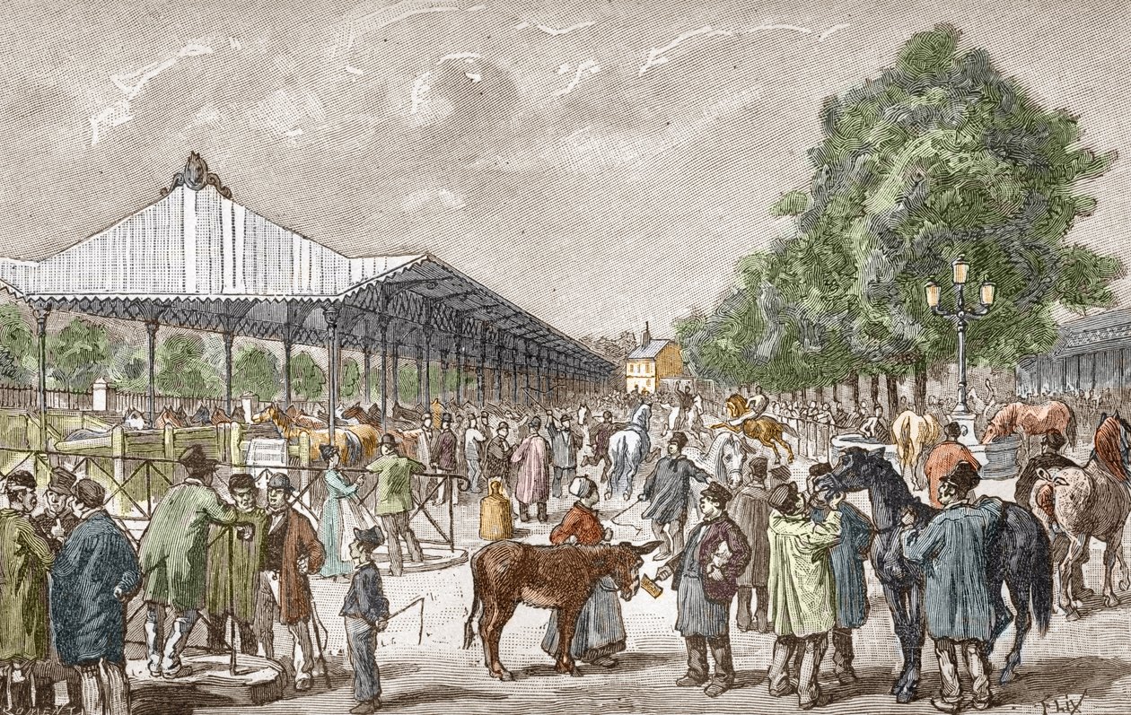 Vy över hästmarknaden i 5:e arrondissementet i Paris Gravyr från Les stages d