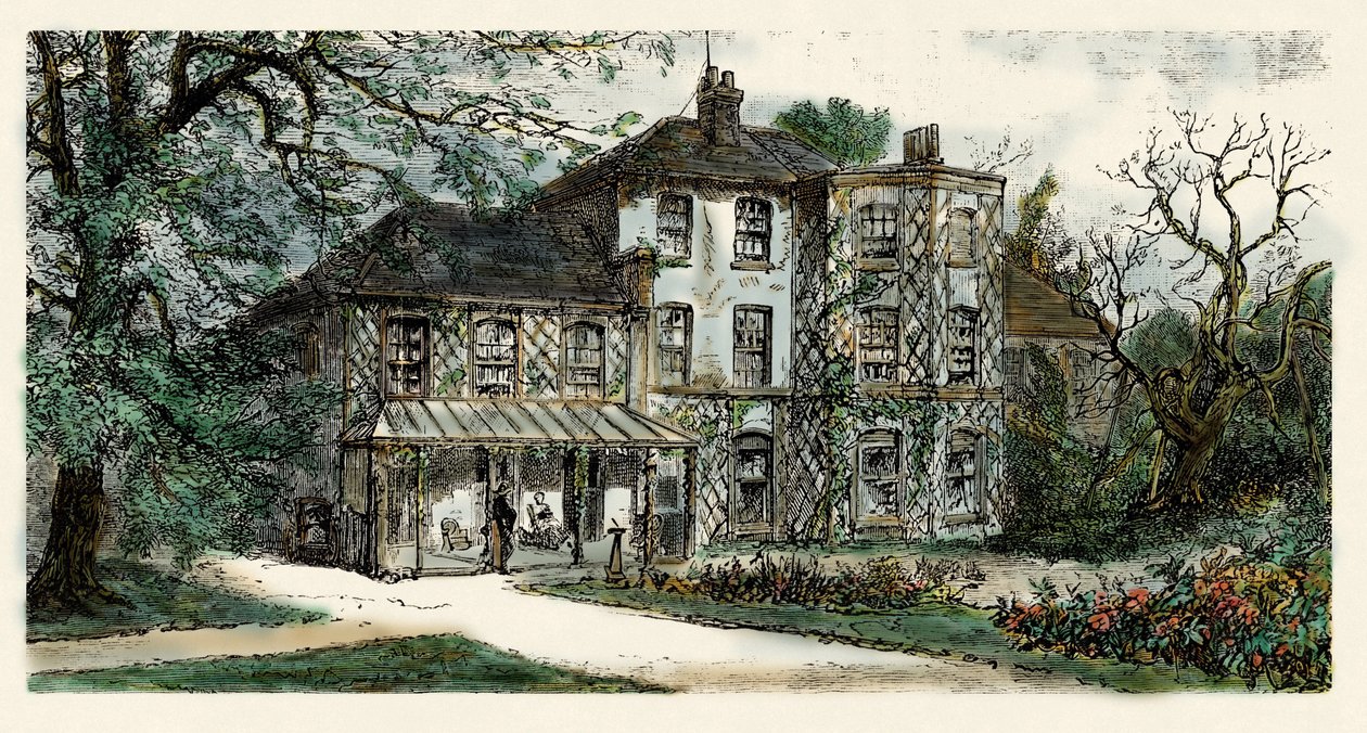 Utsikt över huset eller Charles Darwin (1809-1882) redigea "The origin of the species". Gravyr från 1800-talet av Unbekannter Künstler