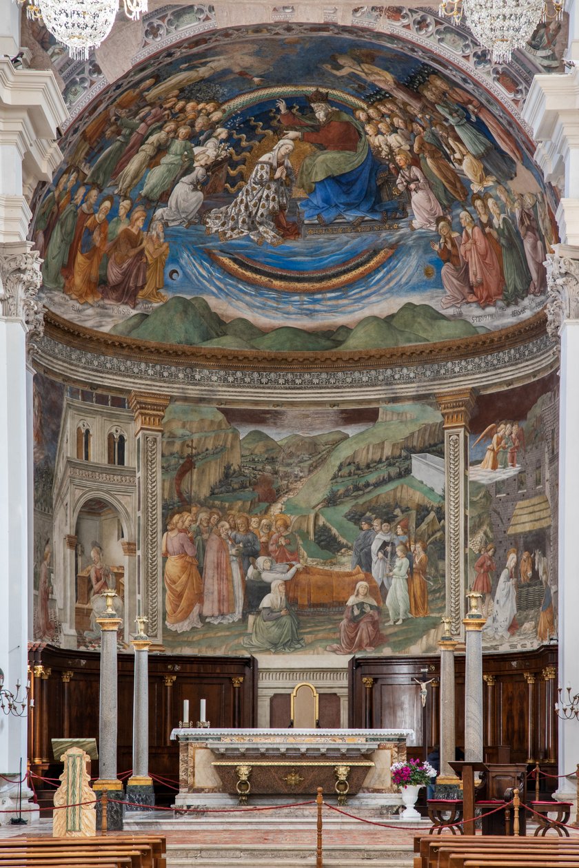 Utsikt över långhuset och presbyteriet med berättelserna om Jungfrun, Duomo, katedralen S. Maria Assunta, Spoleto, Umbrien, Italien (foto) av Unbekannter Künstler