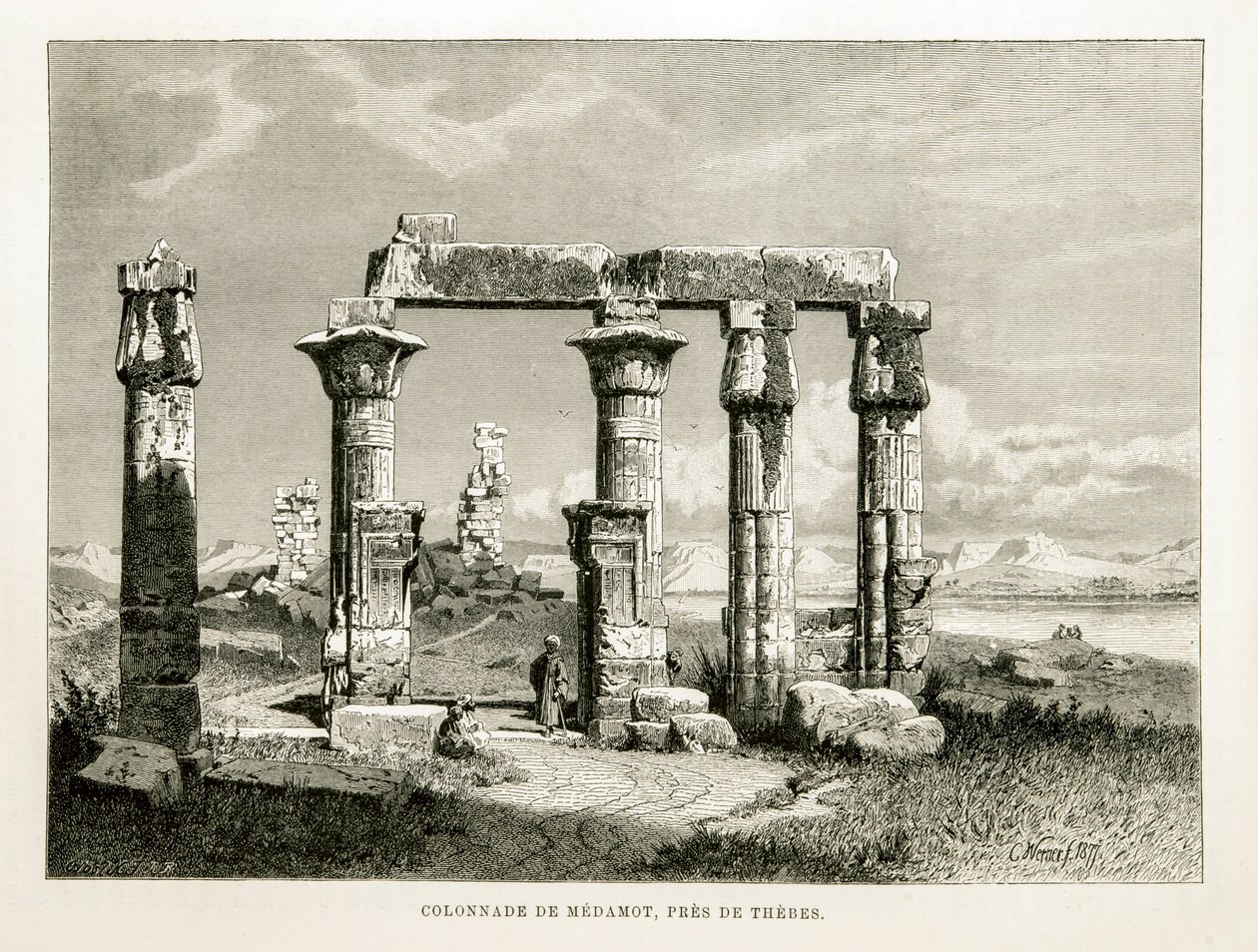 Vy över ruinerna av Medamot-templet nära Thebe, Egypten Illustration från Atlas of Egypt av Unknown