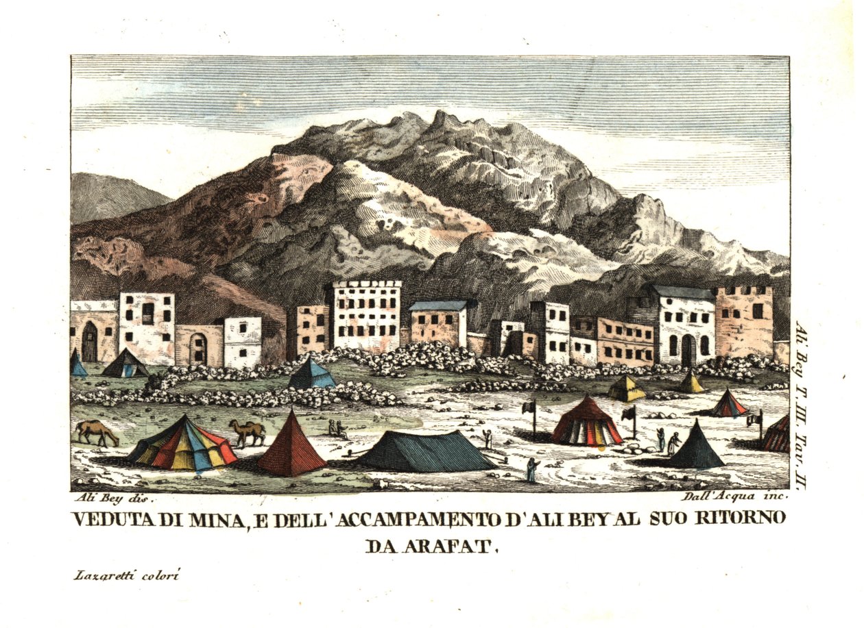 Utsikt över byn Mina i Arafatöknen (Tältstaden, Mecka, Saudiarabien). Illustration av Ali Bey el Abbassi från hans Travels in Morocco, Tripoli, Cyprus, Egypt, Arabia, Syria and Turkey, London 1816. Kopparstick av dell