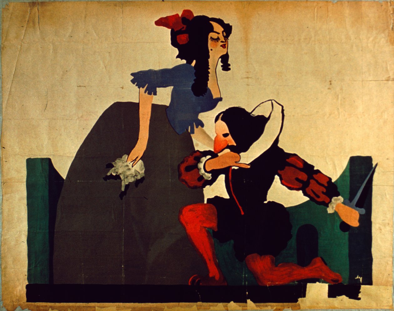 Vintageaffisch av man som knäböjer vid kvinnans fötter, Shakespeare-teckning (färg litho) av Unbekannt