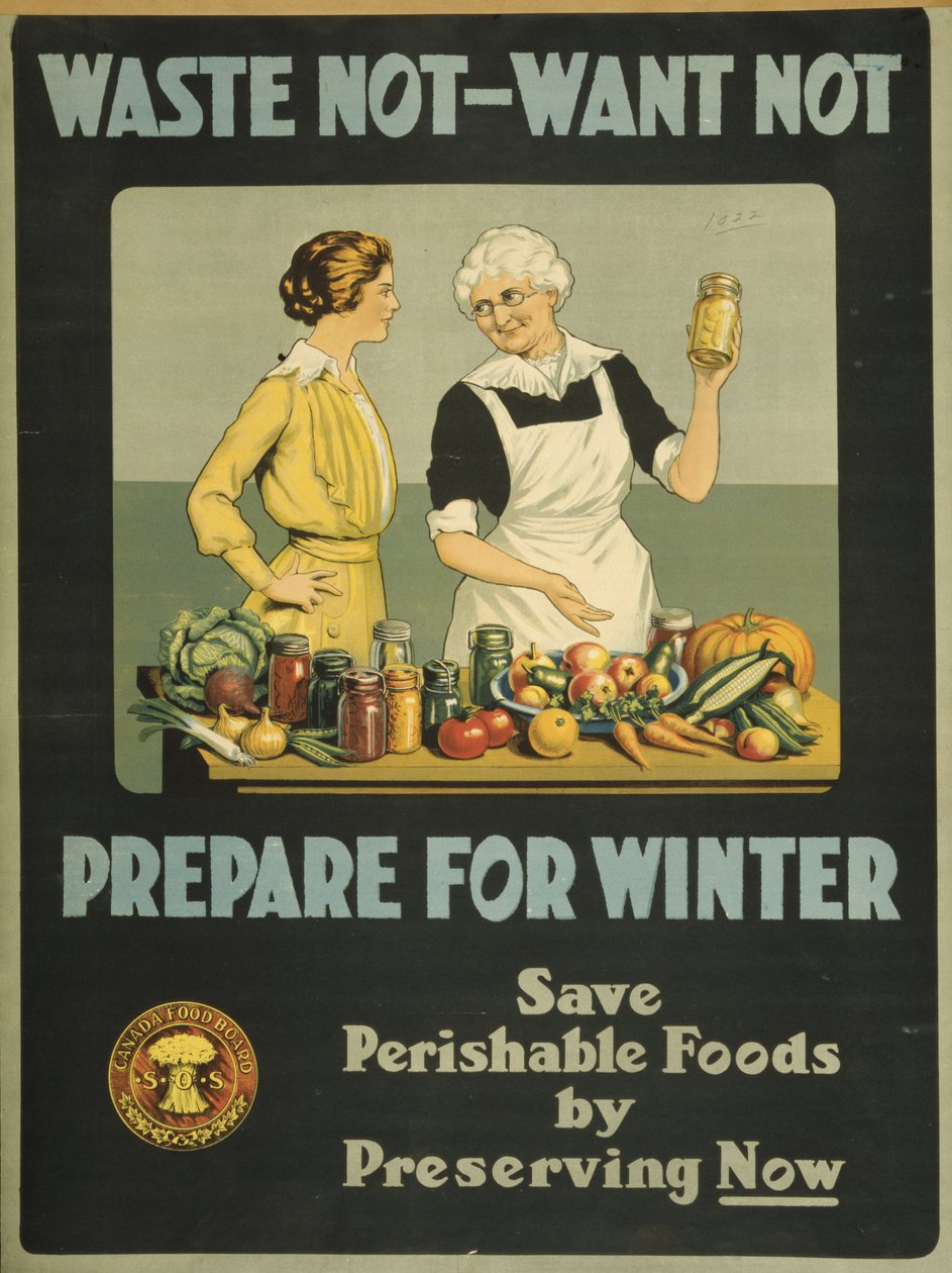 Slösa inte, vill inte - förbered dig för vintern, Canada Food Board, c.1915 (färg litho) av Bartolome Esteban and studio Murillo