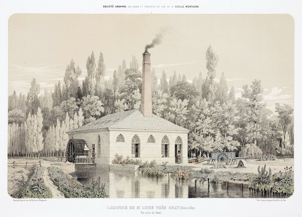 Water Power, zinkvalsverk före 1900 (Laminoir), Saint Louis, nära Bray, Frankrike av Unbekannt