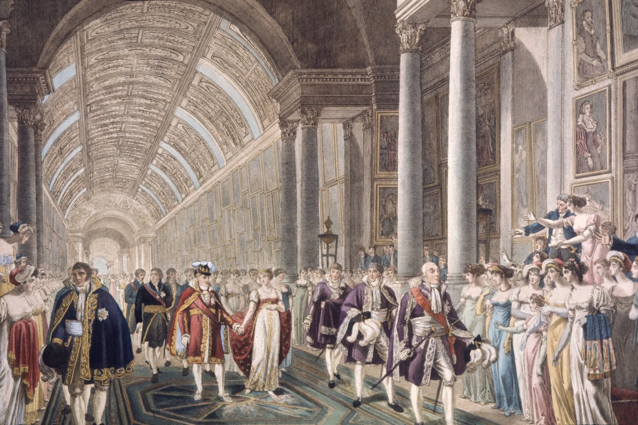 Napoleon I:s och Marie-Louises bröllop i Louvren, ca 1810 (gravyr) av Unbekannter Künstler