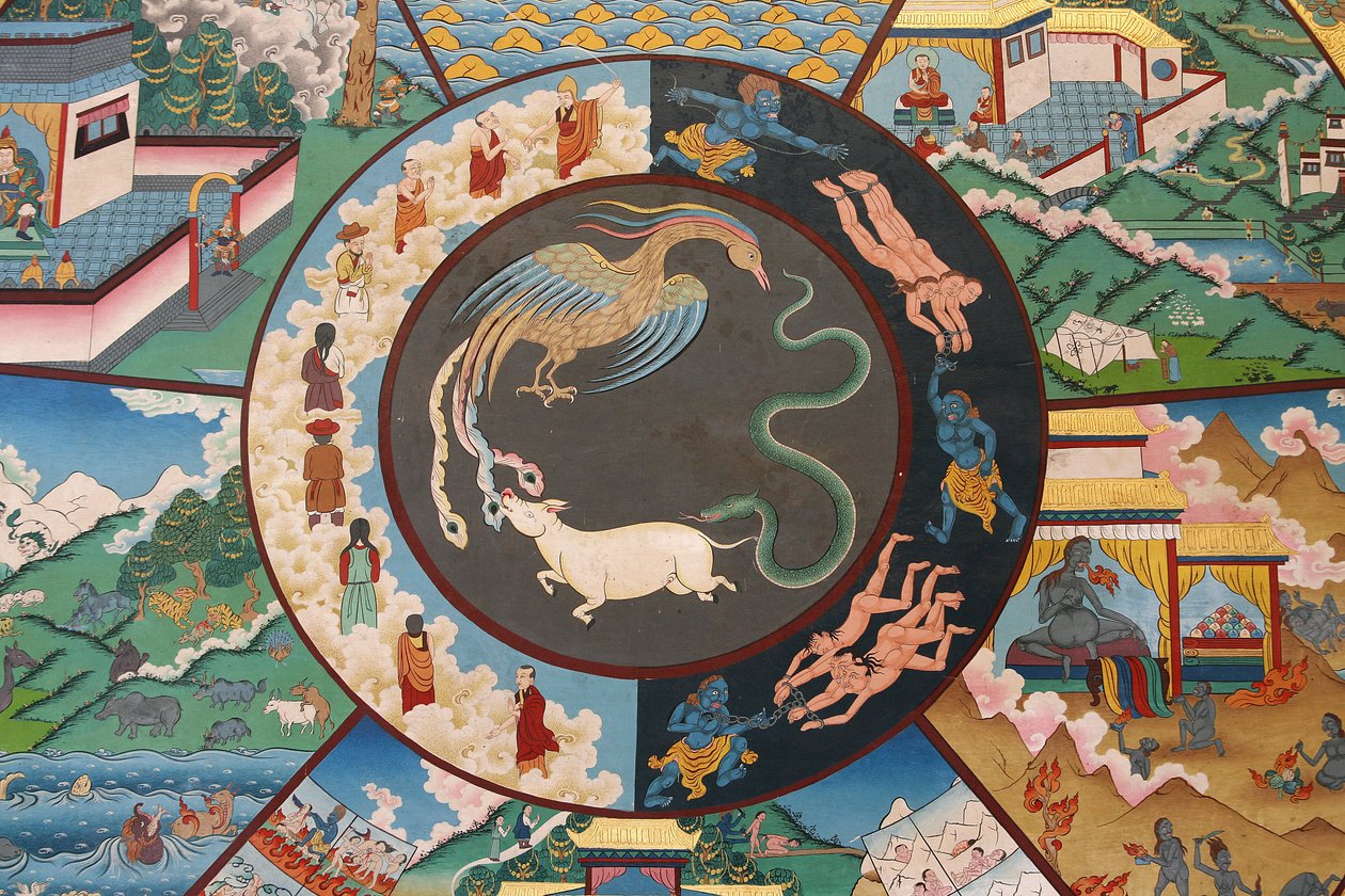 Livets hjul eller Samsaras hjul (Mandala): tupp, orm och gris. Kopan kloster, Kathmandu, Nepal av Unbekannt