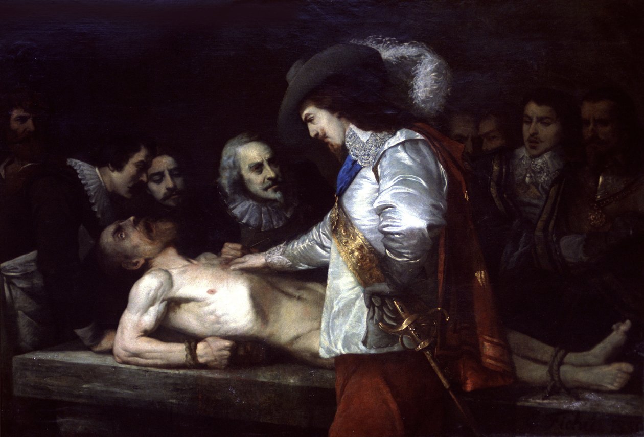 William Harvey (1578-1657) engelsk läkare och fysiolog, visar här blodcirkulationen av Unbekannter Künstler