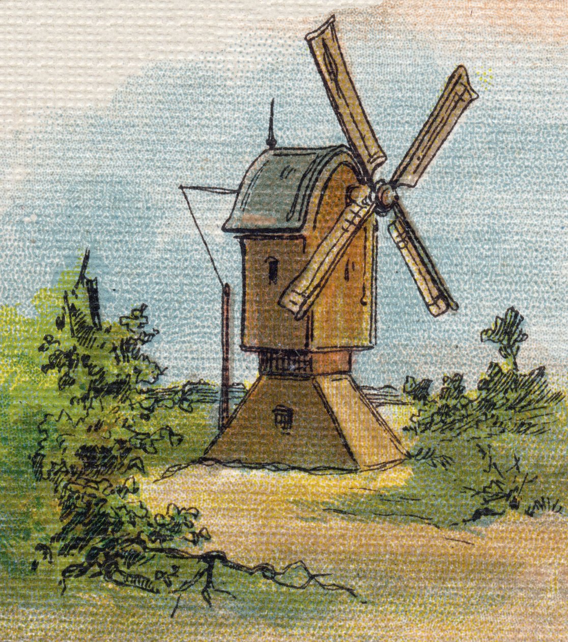 Väderkvarn. Gravyr i "Alphabet de ma petite fille". Bernardin-Bechet och Fils, bokhandlare-förlag, Paris, omkring 1895. Okrossbart album på duk. Bibliotheque des Bebes. 12 sidor. Album innehållande en läsmetod och en illustrativ abecedary. Dämpa: av Unbekannt