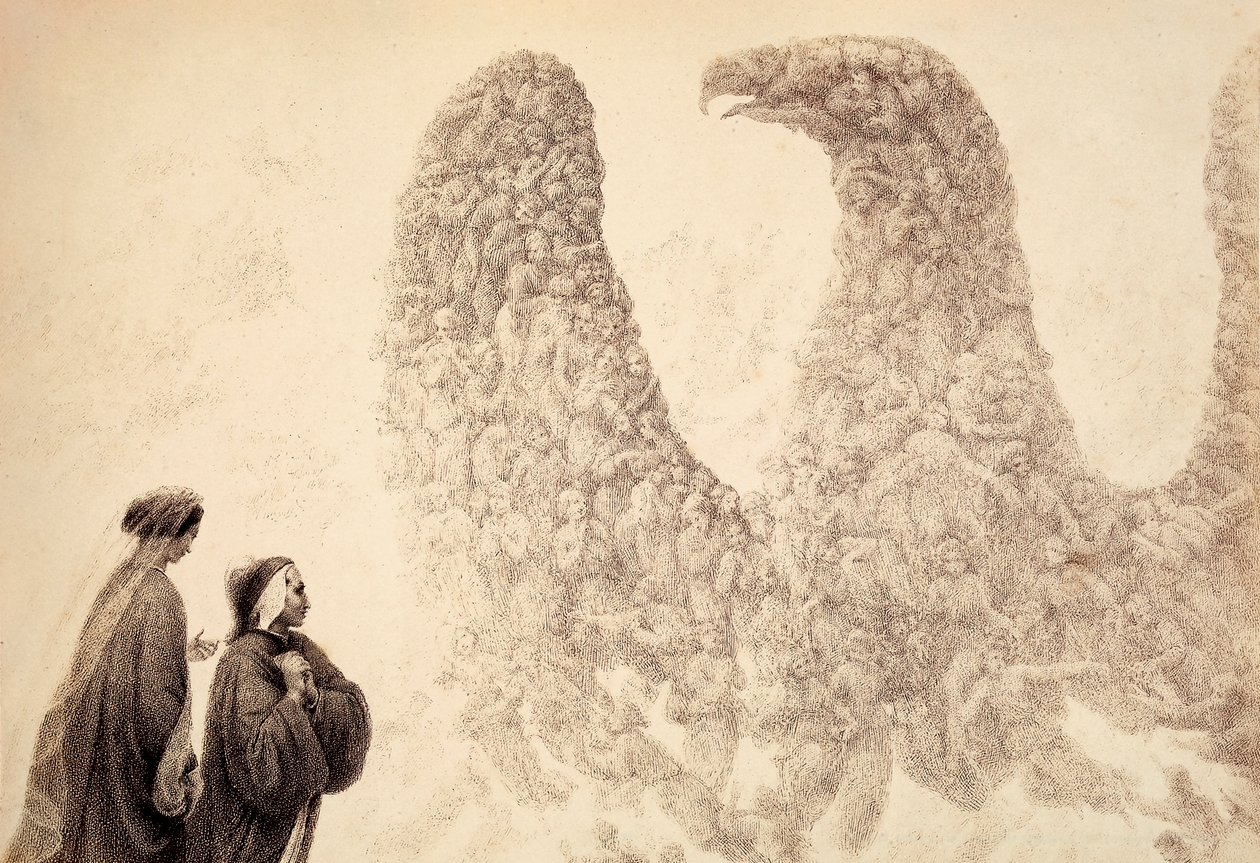 I Jupiters sfär ser Dante de välsignade andarna ordna sig i form av en örn, symbolen för imperiet. Illustration av Canto XVIII i Paradiso i Den gudomliga komedin av Dante Alighieri. Francesco Scaramuzzas verk tillägnat Mun av Unbekannter Künstler