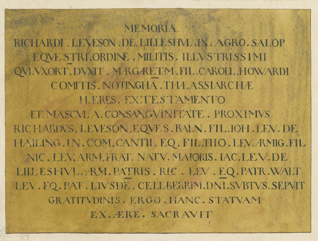 Wolverhampton - latinsk epitafium över amiral Richard Leveson i St. Peterskyrkan: ritning med penna och bläck, nd [? 1800-talet] av Unbekannt
