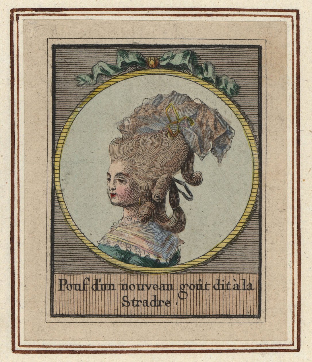 Kvinna i en ny typ av puff som kallas Stradre. Puff med en ny smak kallad Stradre. Handkolorerat kopparstick av okänd konstnär från ett album med moderiktiga frisyrer från 1783, Suite des Coeffures a la Mode en 1783, Enauts et Rapilly, Pari av Unbekannter Künstler