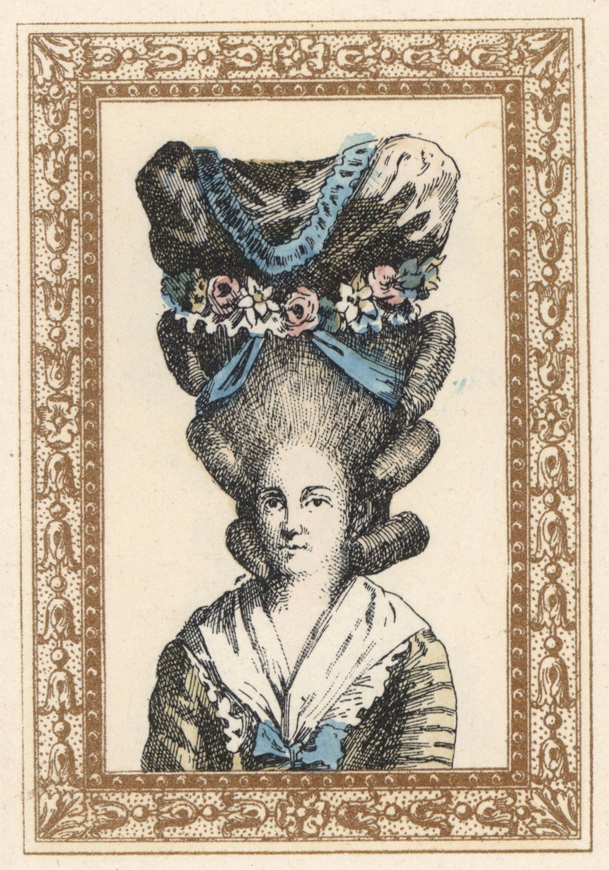 Kvinna med Gabrielle Vergy-hatt, knuten med band och blomsterkransar. Hatt a la Gabrielle Vergy, inspirerad av Dormont De Belloyds tragedi från 1777. Handkolorerad litografi av de Laubadere från Octave Uzanes Stylish Hairstyle or Eccentric Finery fr av Unbekannter Künstler