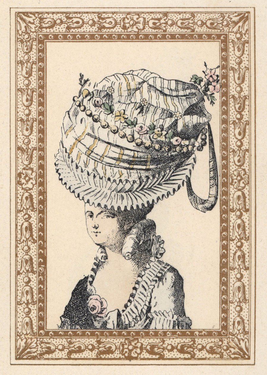Kvinna bär en enorm hatt som kallas århundradets lycka. Handkolorerad litografi av de Laubadere från Octave Uzanes stilfulla frisyr eller excentriska utstyrsel från kung Ludvig XVI:s tid, Hairstyles de Style, La Parure Eccentric, Rouveyre, Paris av Unbekannter Künstler