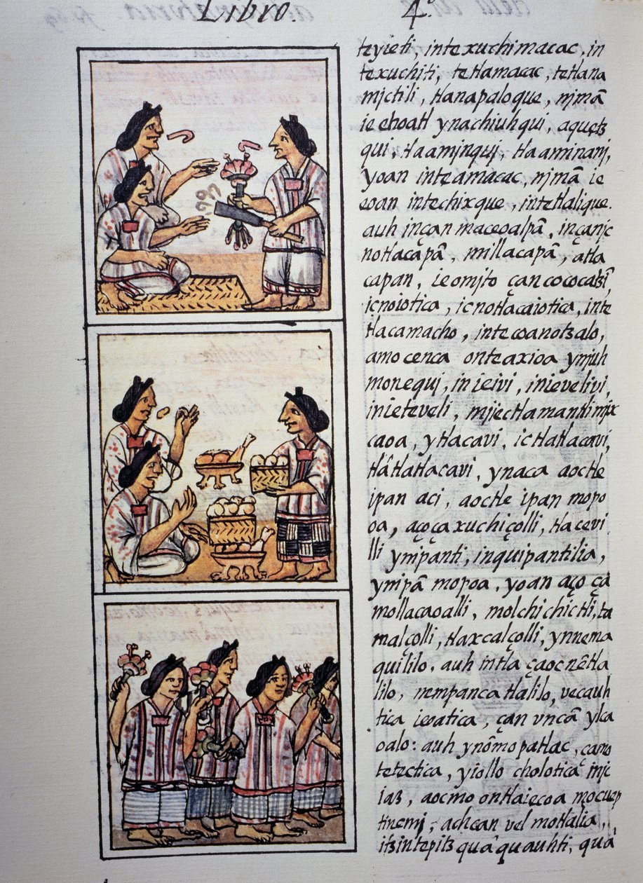 Kvinnor som förbereder fest, Bok IV av Florentine Codex, Tvåspråkig version på spanska och Nahuatl, Allmän historia om det nya Spaniens saker (Historia general de las cosas de Nueva Espana), Aztekisk civilisation av William M. Timlin
