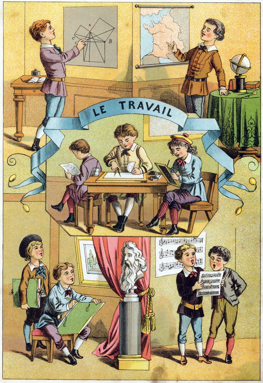 Arbeta i klassrummet. Gravyr i "Alphabet des petits ecoliers". Avbildning av Epinal, cirka 1885. Privee Collection av Unbekannt