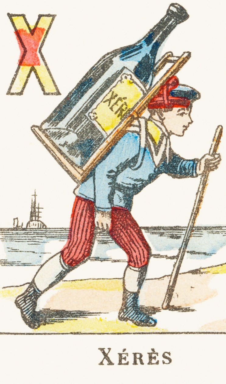 X : Xeres, en pojke håller en stor flaska vin på ryggen - Spelalfabetet, c.1890 (gravyr) av Unbekannt