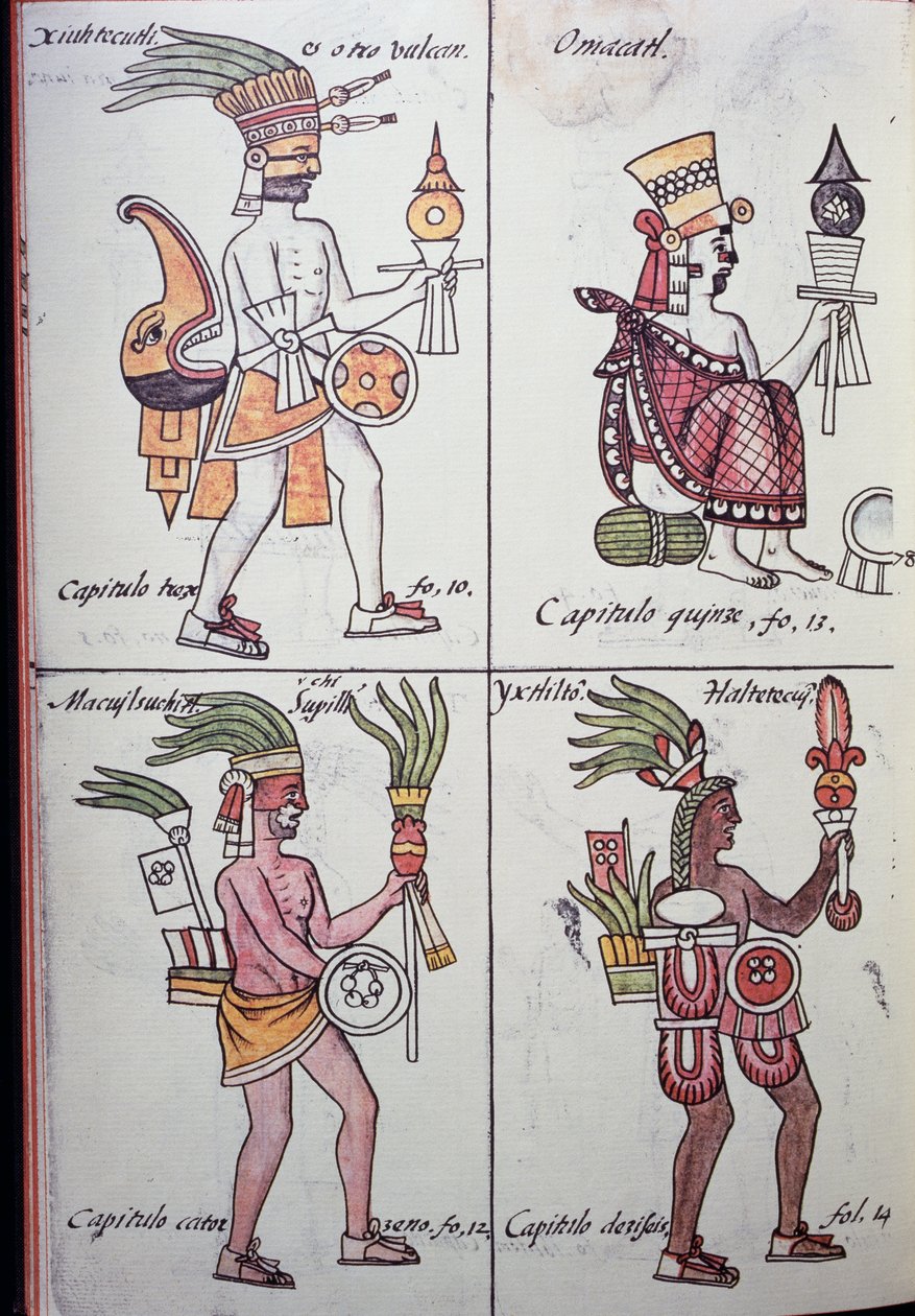 Xiuhtecuhtli, Omacatl, Macuilxochitl, Ixtlilton, sida från Florentine Codex, version på spanska och nahuatl, General History of the Things of New Spain (Historia general de las cosas de Nueva Espana), Aztec av Benjamin Baud