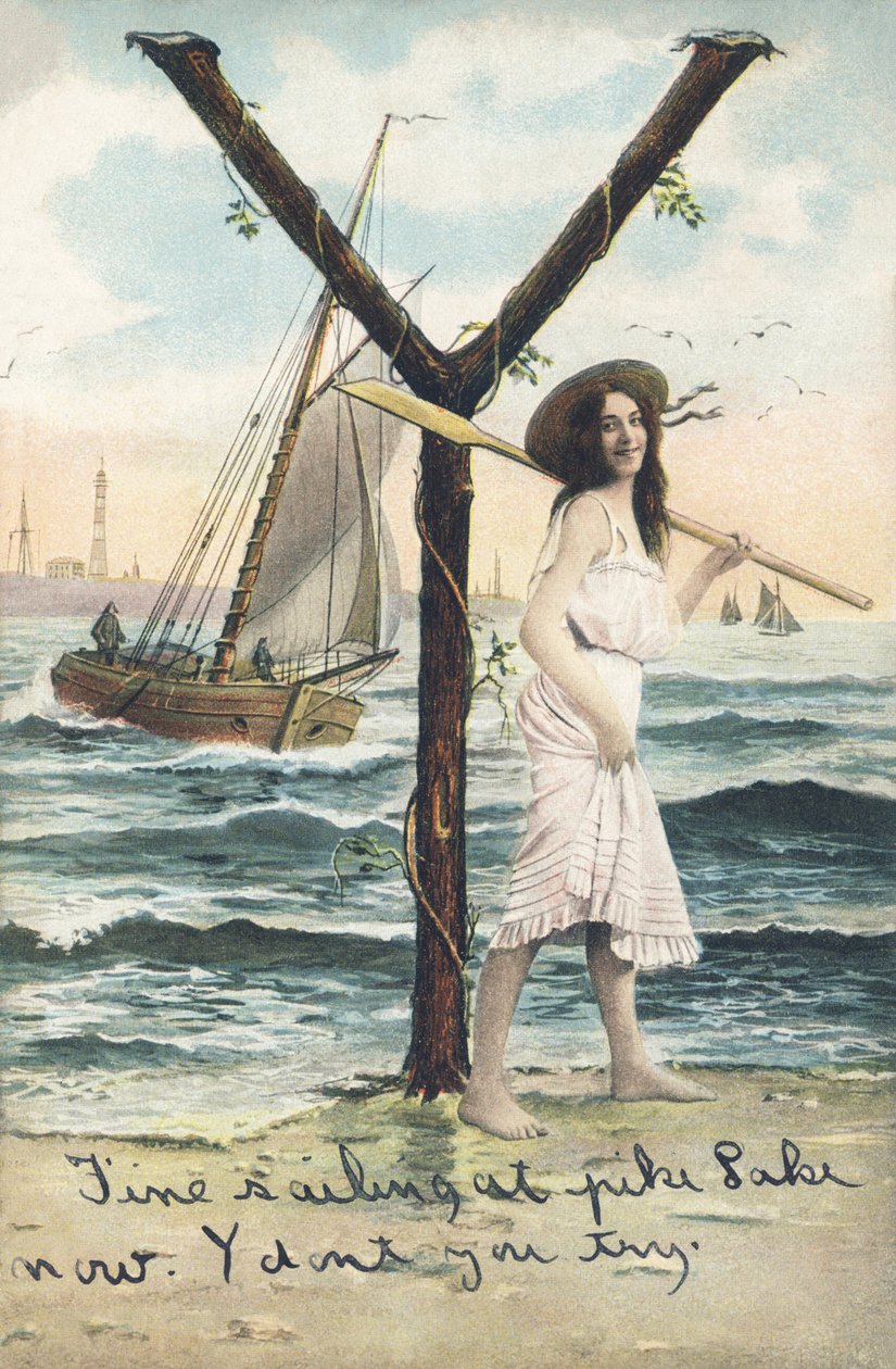 Y: En barfota kvinna i en kort ärmlös klänning håller en åra över sin vänstra axel. Marin dekor - Alfabettecken Ref Th. E., L. Theochrom - Serie 994. Theodor Eisman, förläggare, Leipzig av Unbekannt